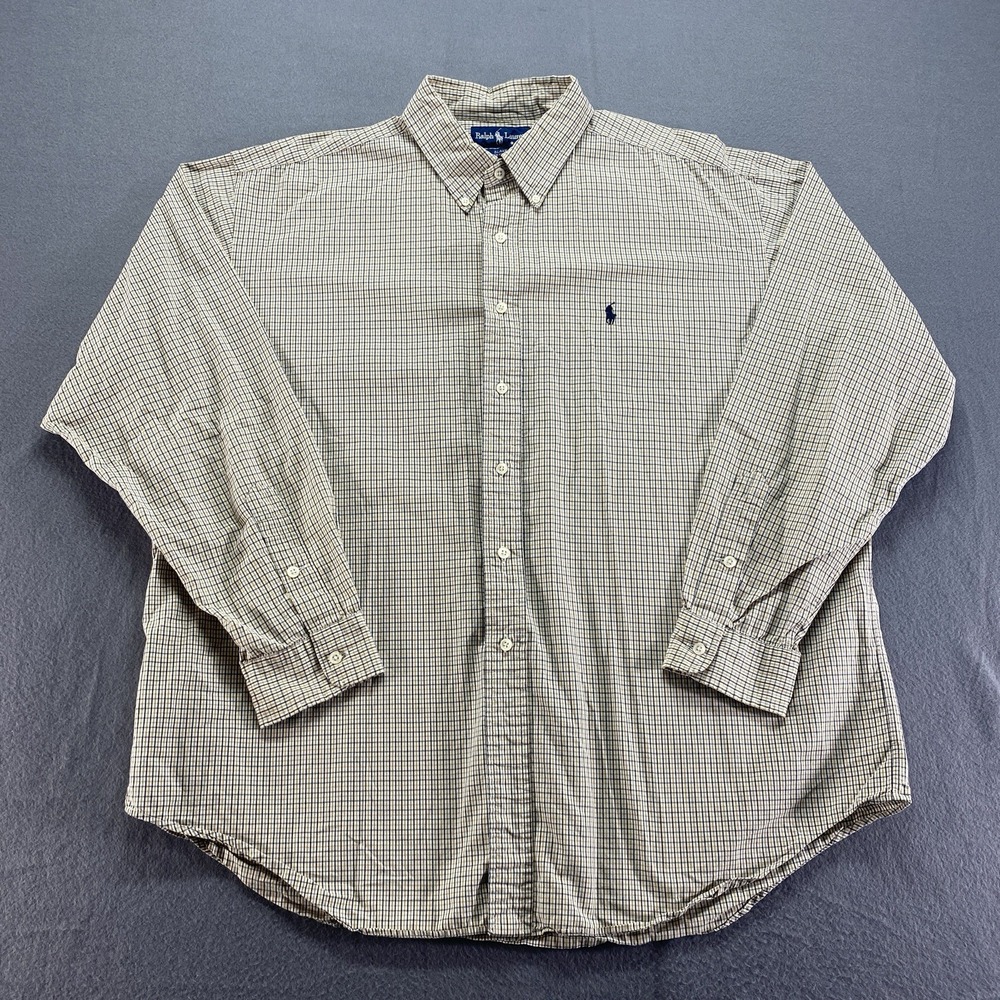 Ralph Lauren Button Down Mens XL Tan Navy Plaid Blake Cotton Long Sleeve